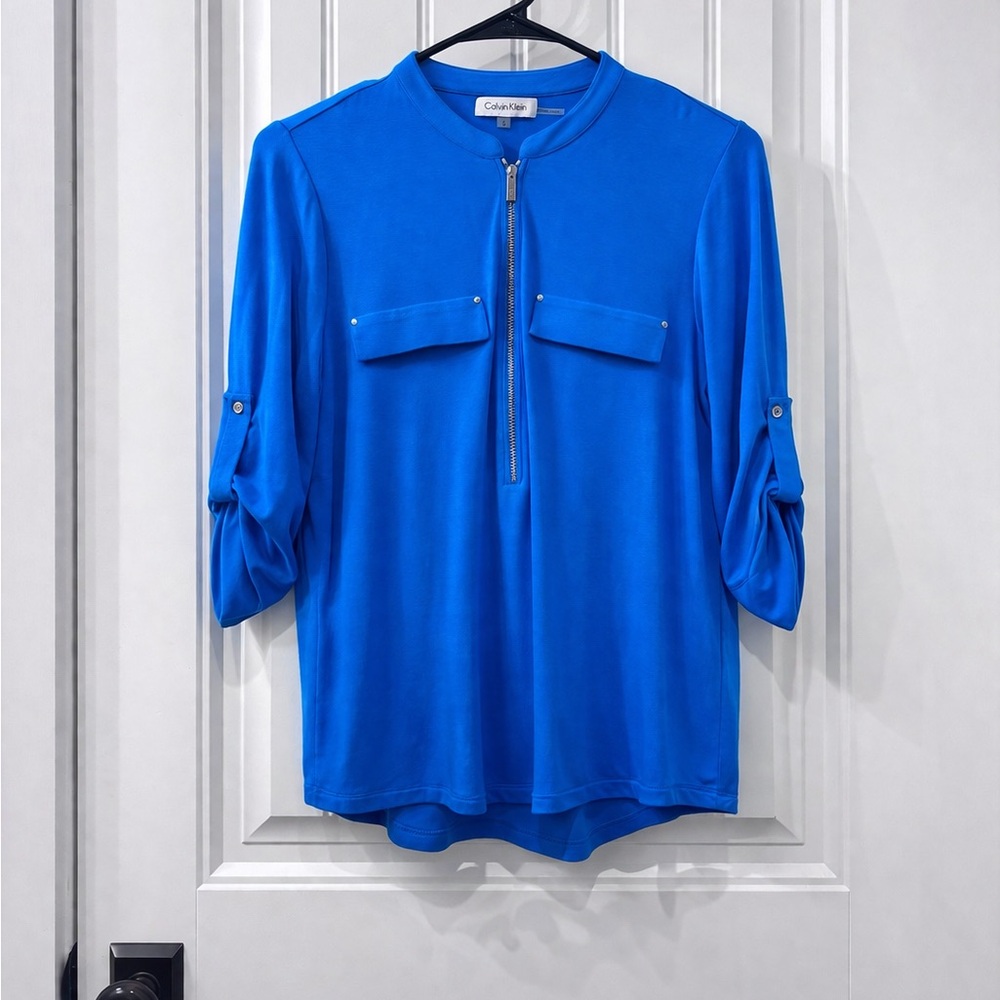 Calvin Klein Bright Blue Zip-Front Blouse